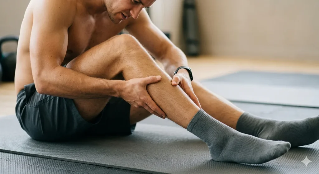 Athlète massant son mollet après un effort intense, récupération sportive