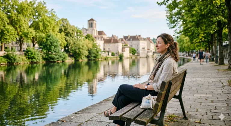 Une femme assise sur un banc face à l’eau dans un environnement calme et relaxant.