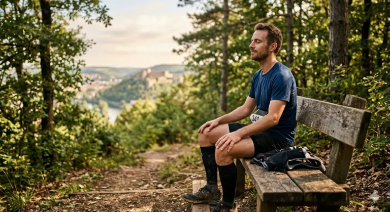 Sportif en récupération après un trail dans la forêt assis sur un banc.