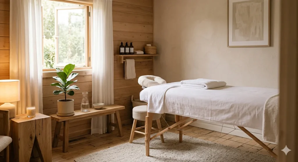 Salle de soin bien-être, table de massage avec linge blanc et éclairage tamisé, ambiance zen et apaisante