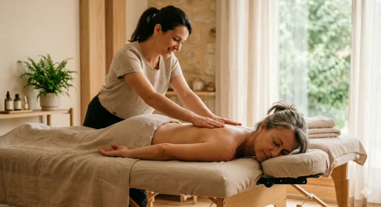 Séance de soin par acupression sur le dos sur une femme allongé sur le ventre